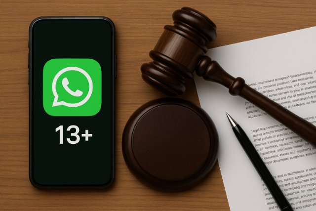 WhatsApp age restriction shown with gavel and legal document.