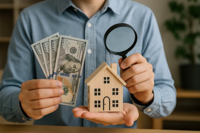 Hands holding cash, a small wooden house, and magnifying glass.