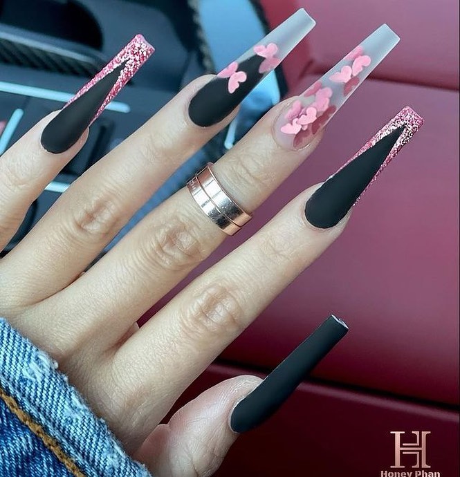 black and pink butterfly nail design