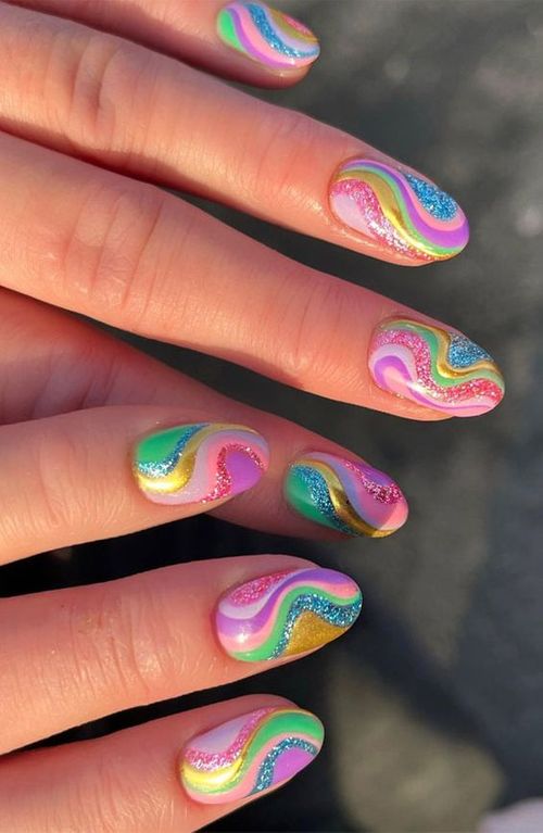 Multi color short acrylic nails _ multi color nail designs