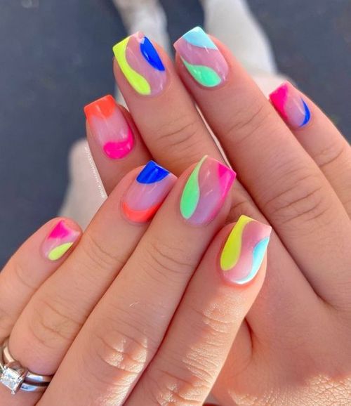 Multi colored short acrylic nails _ multi color nails