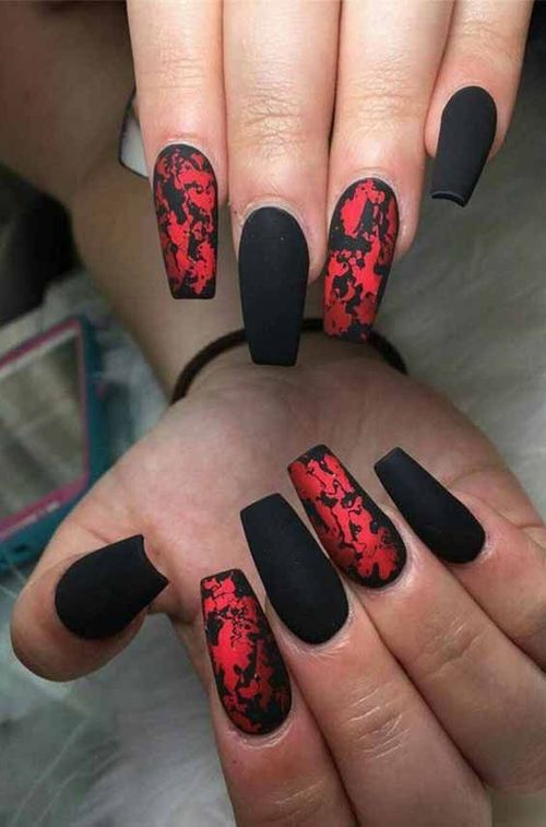 black and red short square acrylic nails _ red nails short square