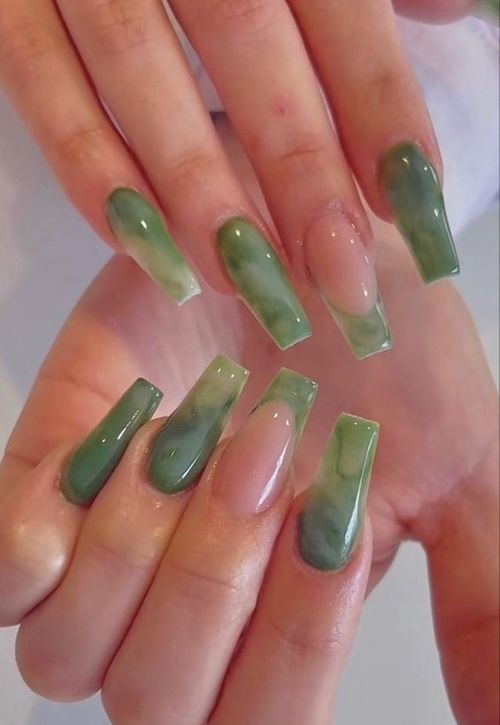 green color short square acrylic nails _ green acrylic nails
