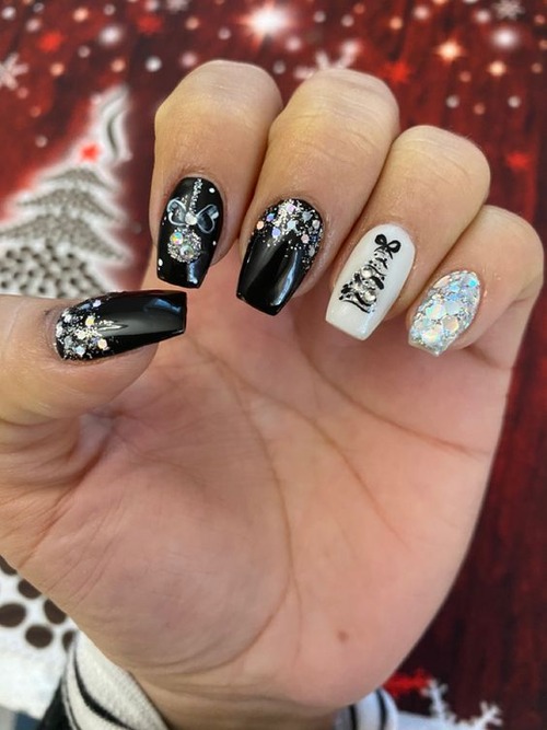 black and white christmas nails - black snowflake nails
