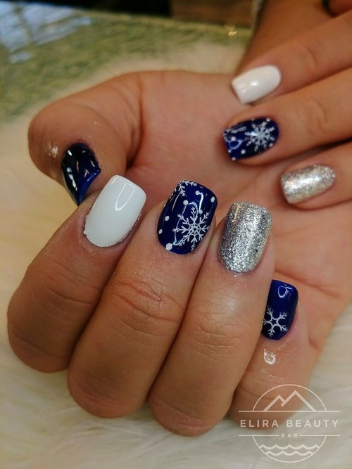 blue and white christmas nails - blue and white nails with butterflies