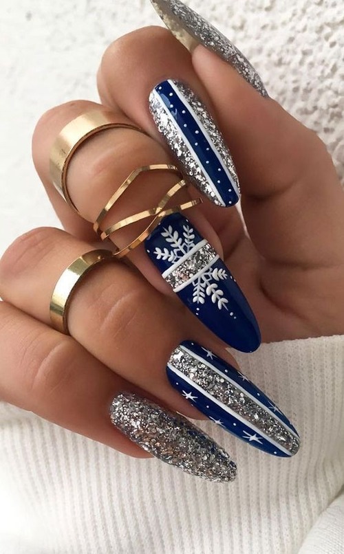 blue and white christmas nails - blue white and silver christmas nails