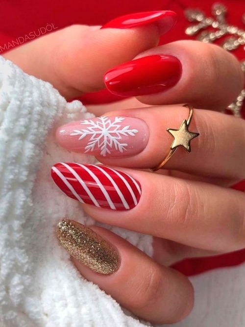 red and white christmas nails - red and gold christmas nails