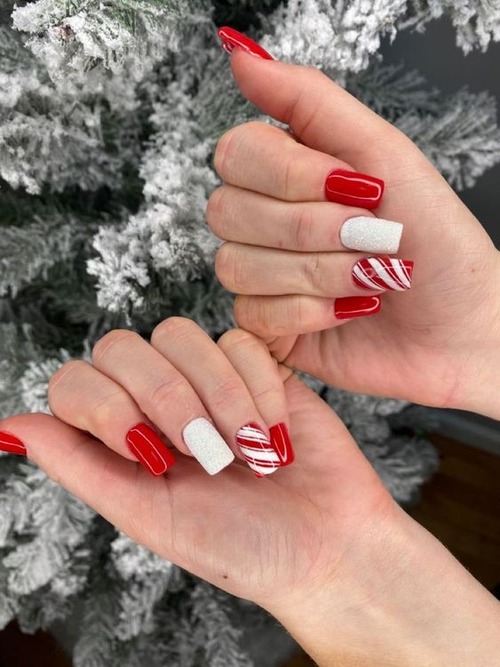 red and white christmas nails - red and silver christmas nails