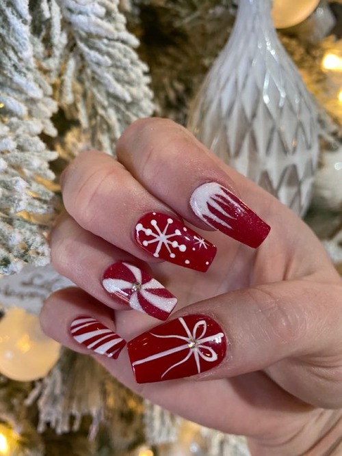 red and white christmas nails - red white and silver christmas nails