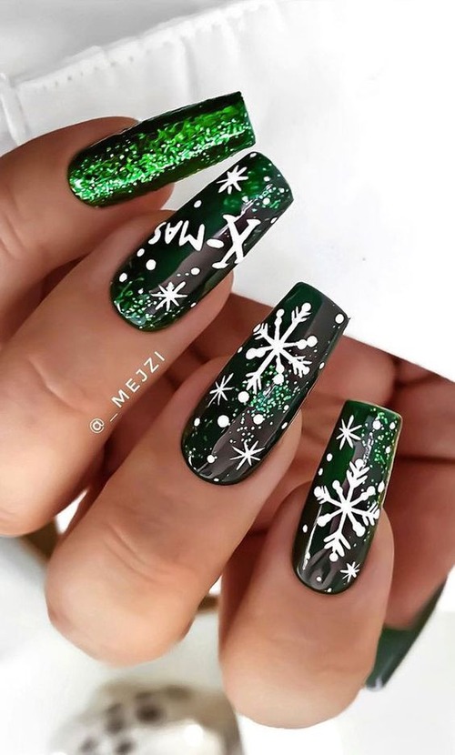 white sparkly christmas nails - green christmas nails