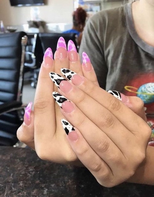 aesthetic pink cow print nails - cow print nails pink short