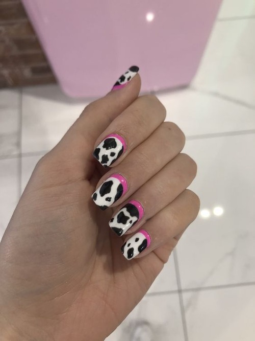 aesthetic pink cow print nails - pink cow print nails french tip