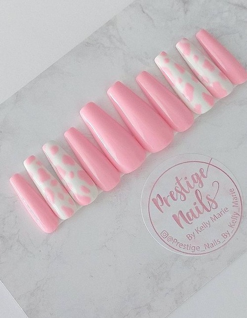 light pink cow print nails - pink nails