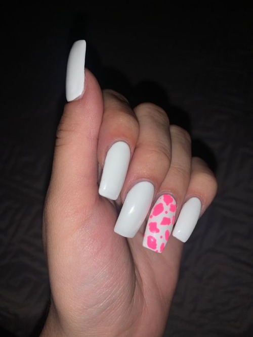 pink and white cow print nails - cow print nails pink short