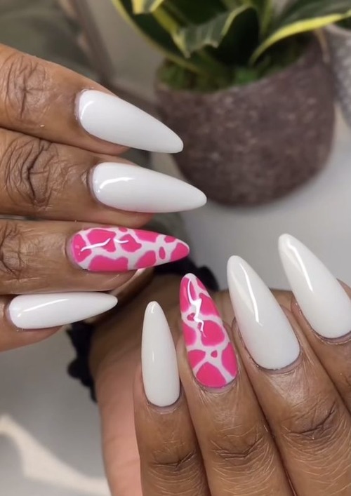 pink and white cow print nails - how to do pink and white nails at home