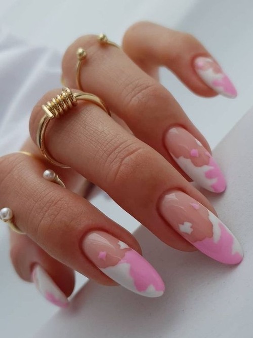 pink and white cow print nails - how to do pink and white nails