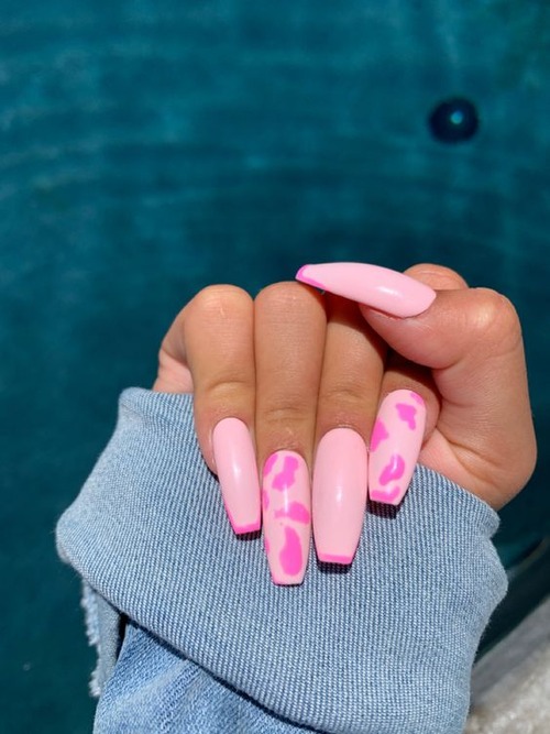 pink cow print nails coffin - coffin nails near me