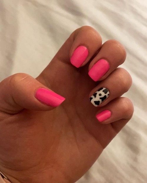 pink cow print nails coffin - cow print nails with glitter