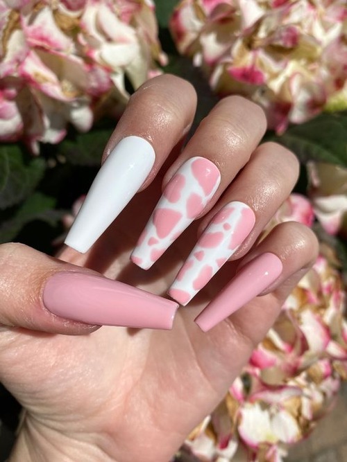pink cow print nails coffin - how to draw cow print on nails