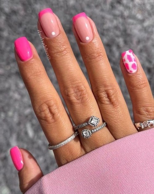 pink cow print nails coffin - pink cow nails short