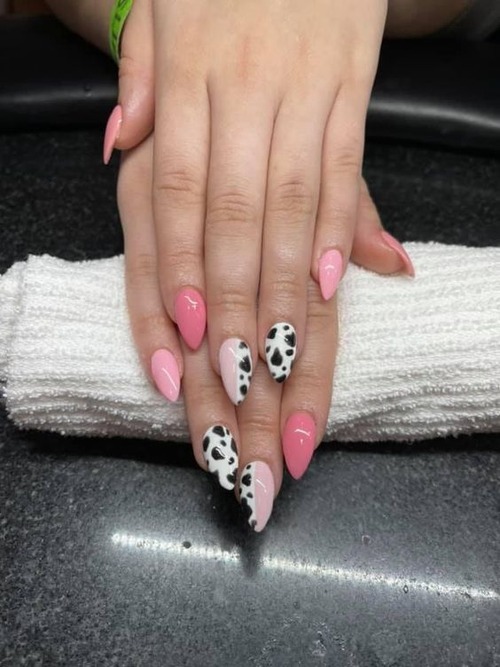 pink cow print nails coffin - pink cow print nails french tip