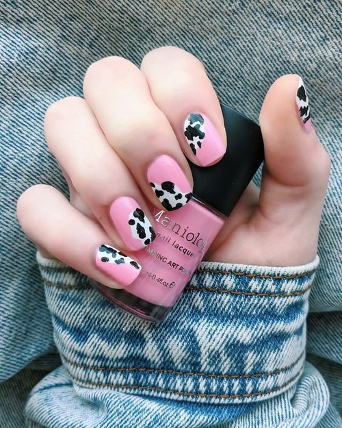 pink cow print nails coffin - pink cow print press on nails