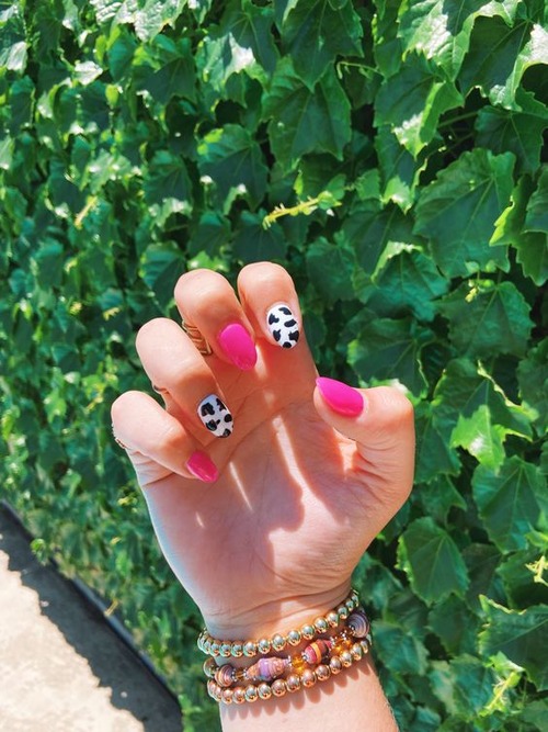 pink cow print nails coffin - strawberry cow print nails