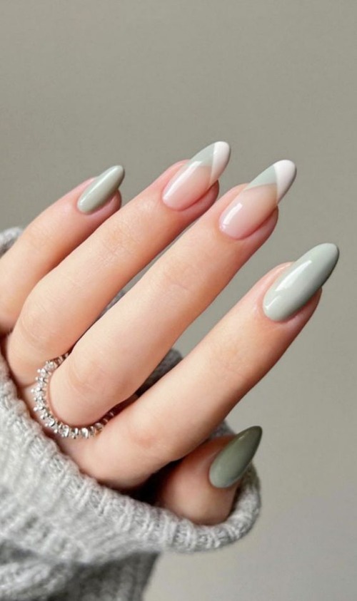 sage green and white nails - dark green and white nails