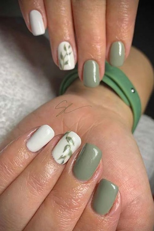 sage green and white nails - sage green nails