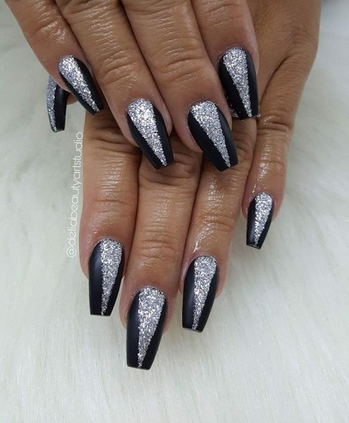 black and silver nails - black and silver nails coffin