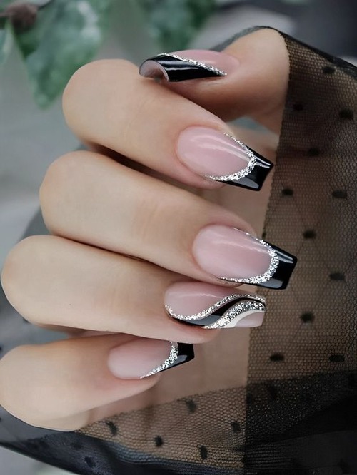 black and silver nails - black and silver nails long