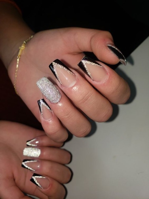 black sparkly nails - white and black sparkly nails
