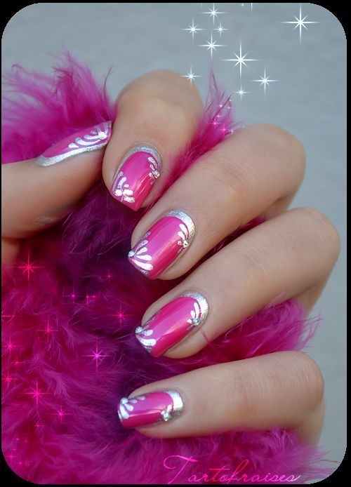 pink and silver nails - bright pink and silver nails