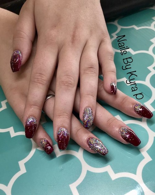 red and silver nails - red glitter nails designs