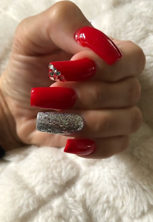 red and silver nails - red nails with glitter tips
