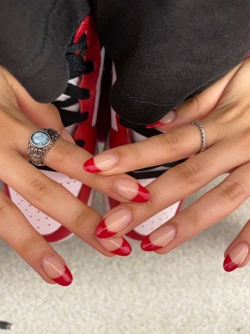 red french tip nails short - clear red tip nails