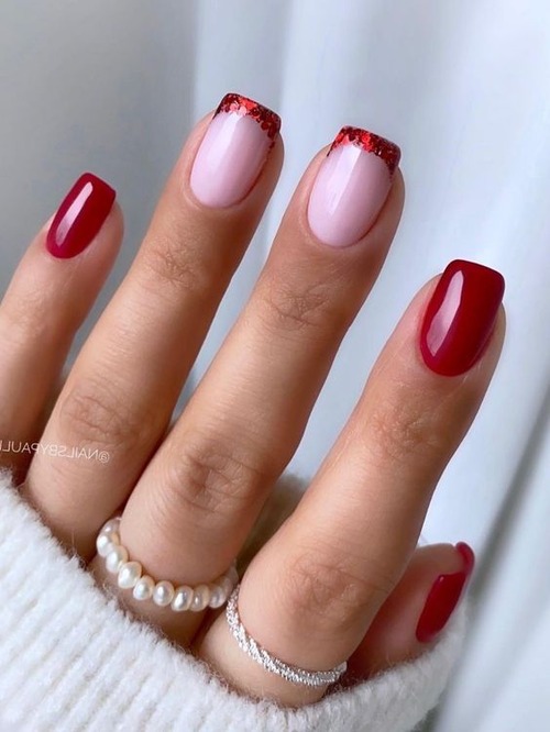 red french tip nails short - red french tip nails with glitter