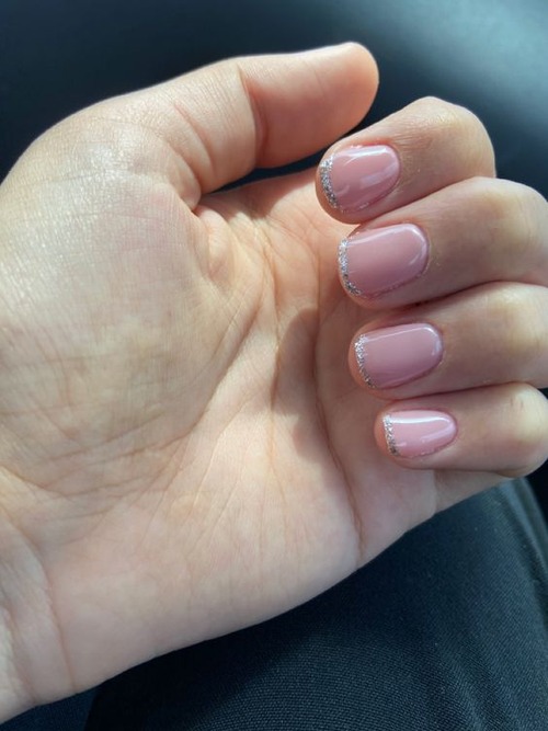short nude pink nails - short pink nails with glitter