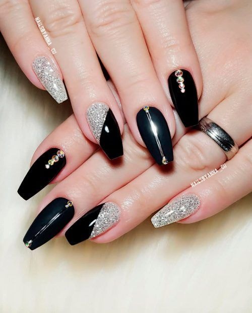 silver glitter nails - silver glitter nails with black