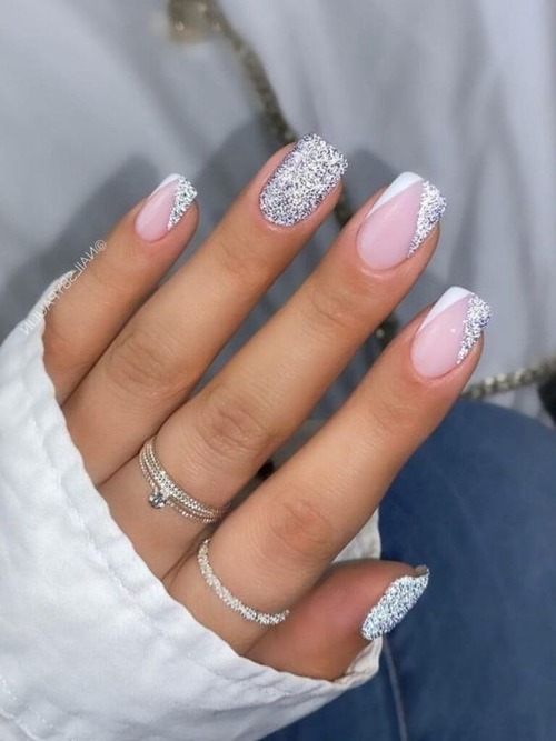 white and silver nails - white and silver nails with glitter
