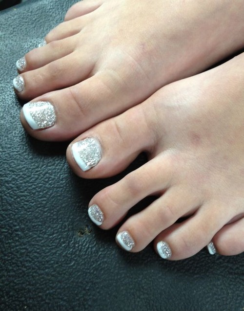white french tip toes - white french tip toes with glitter