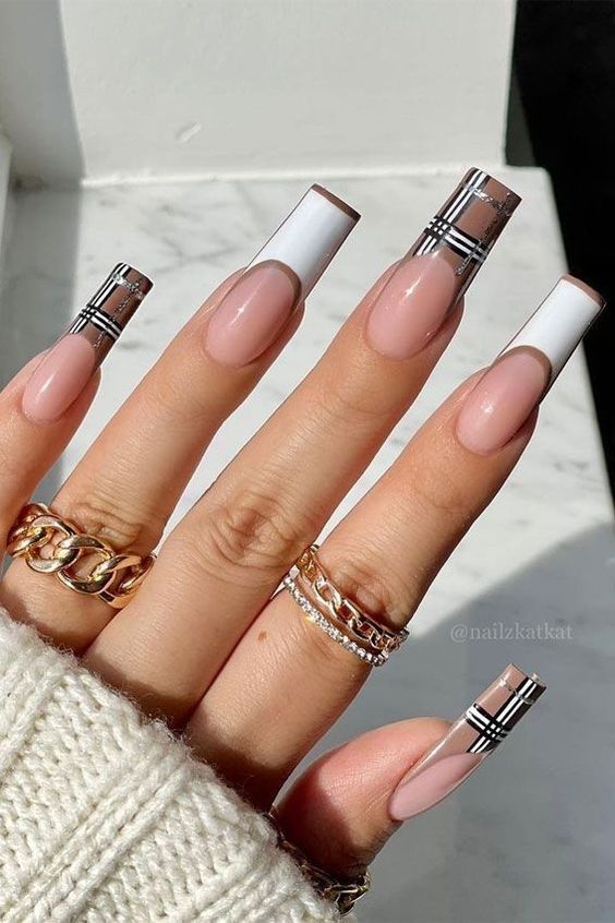 brown and white french tip nails square