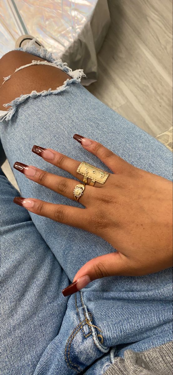 brown french tip nails coffin shape