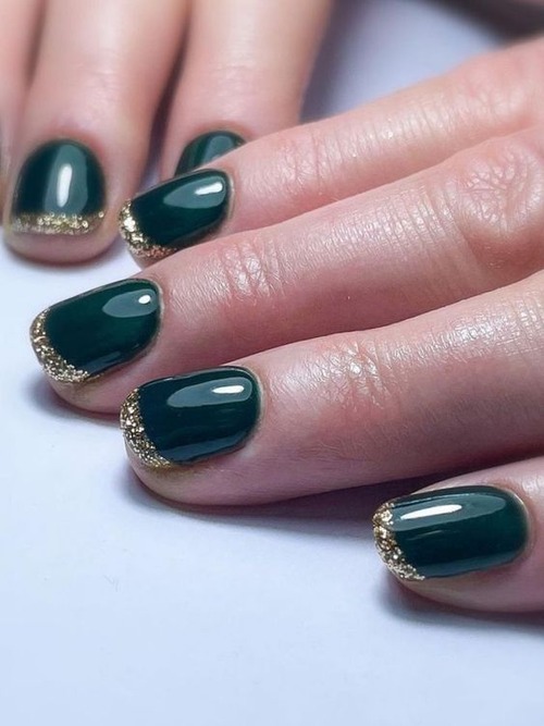 dark green holiday nails - dark green nails with gold tips