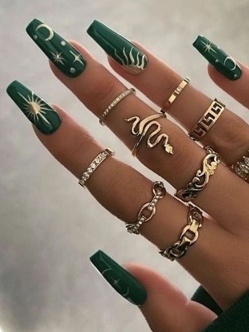 emerald green acrylic nails - rose gold nails