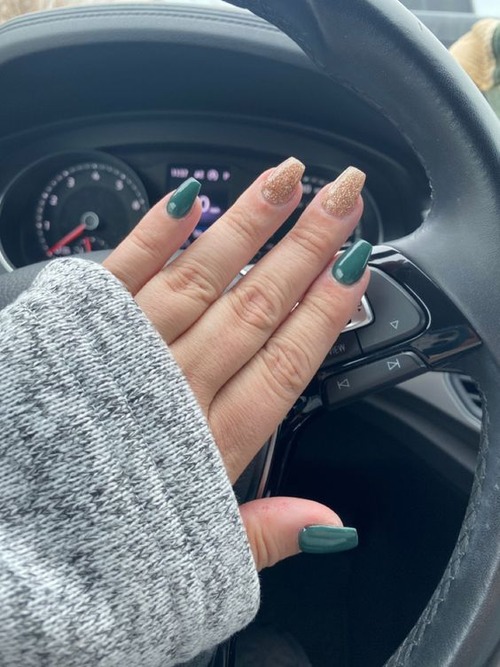 green and gold nails - Emerald green nails, French tip