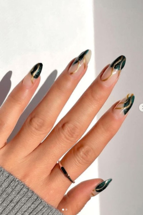 green and gold nails - Emerald green nails with glitter