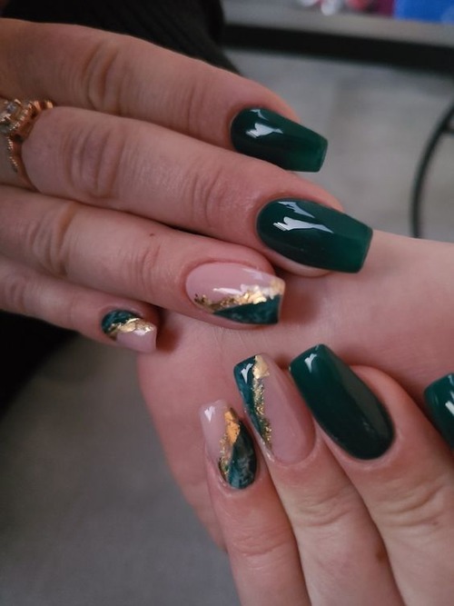 green and gold nails - dark green nails