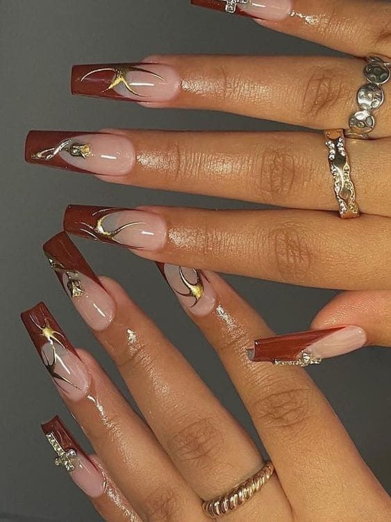 long brown french tip nails coffin ideas