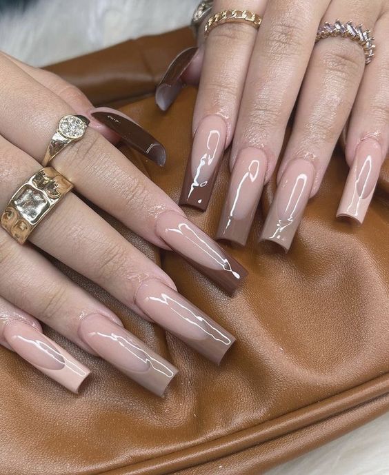 long brown french tip nails coffin